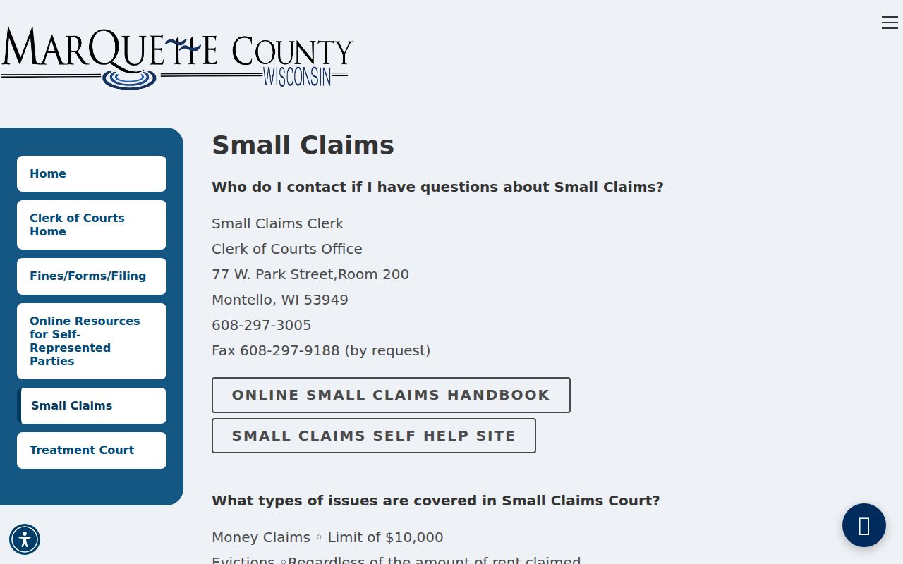 Marquette County small-claims limits and filing information