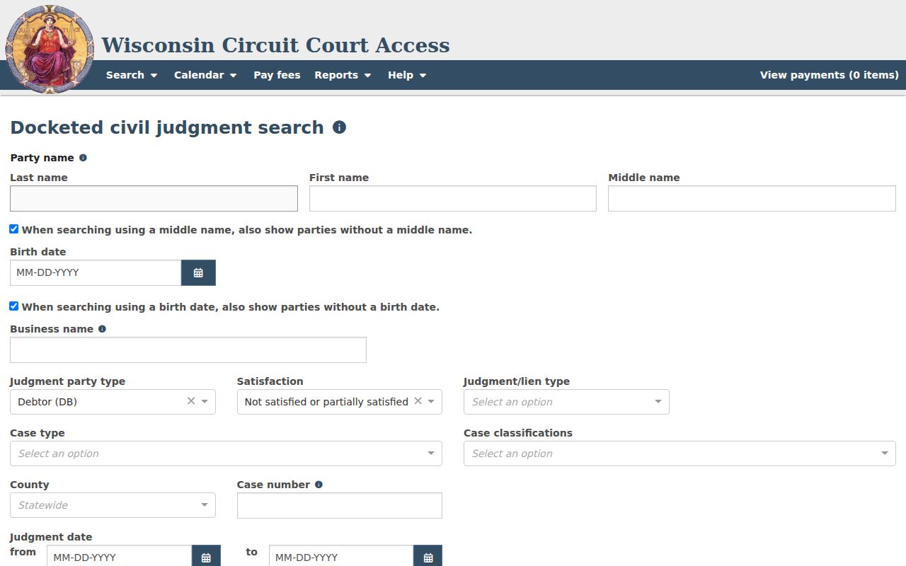 WCCA judgment and lien search for Marquette County civil records