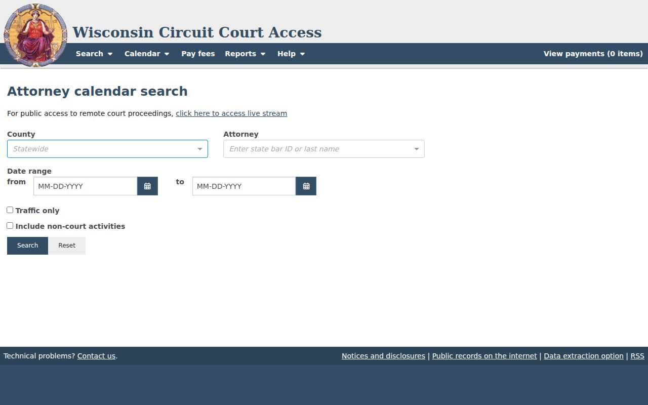 WCCA attorney calendar form used for Marquette County settings