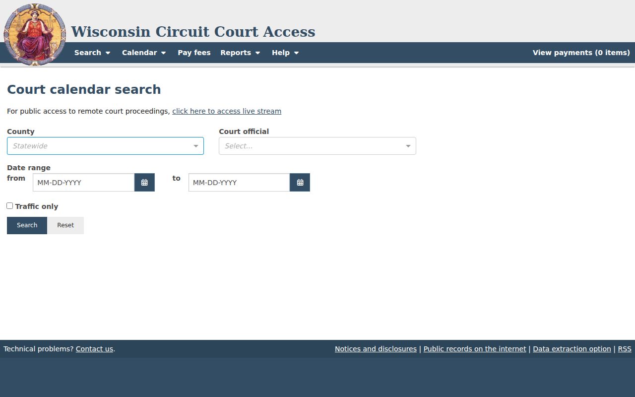 WCCA court calendar controls for Marquette County traffic cases